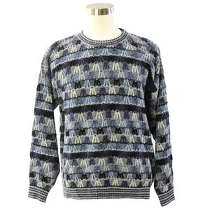 90s Vintage Textured Blue Knit Sweater Mens 2XL Blue Geometric 3D Pattern